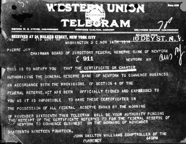 original telegram received from John Skelton Williams, Comptroller of the Currency, to Pierre Jay, Chairman of the Board of Governors of the Federal Reserve Bank of New York