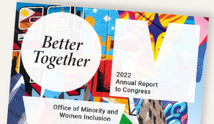Cover of the 2022 Office of Minority and Women Inclusions Annual Report to Congress on an angle