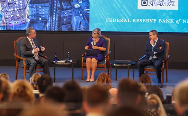 New York Fed President John Williams, left, and Vice Chair for Supervision Michael Barr, right, discuss issues around culture in a conversation moderated by Financial Times' Gillian Tett, center.  