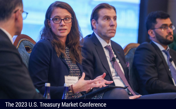 Deirdre Dunn, Head of Global Rates at Citi, responds to a question while on a panel about the future of the Treasury cash market at the 2023 U.S. Treasury Market Conference.
