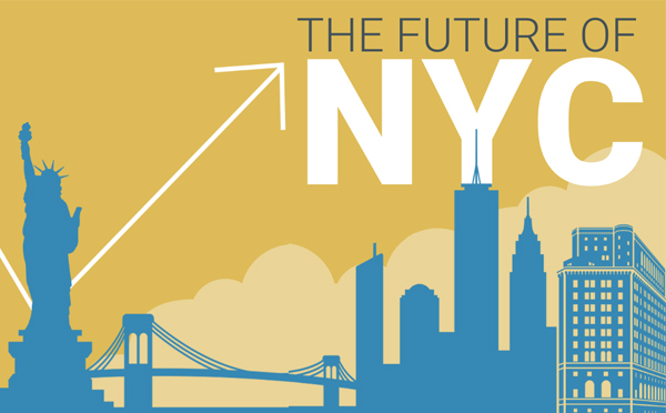 illustration of new york city skyline in blue against gold background