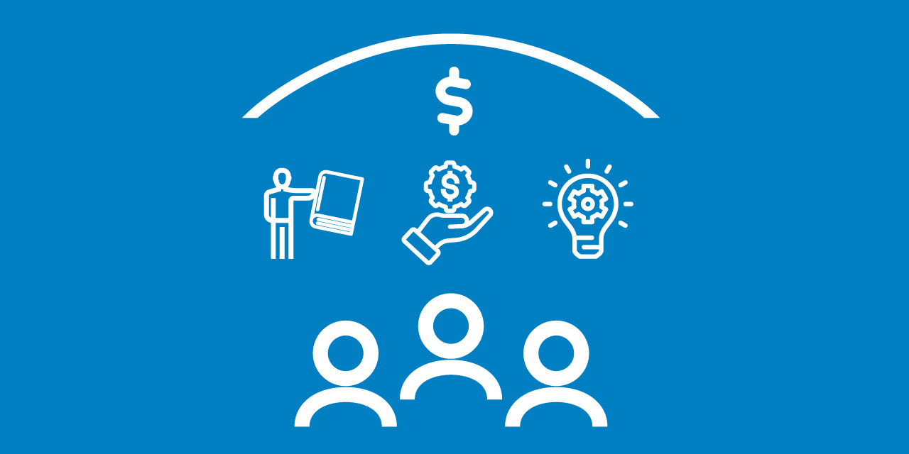 icons of a person with a book, a hand holding a dollar sign, and a lightbulb of innovation appear under an arch