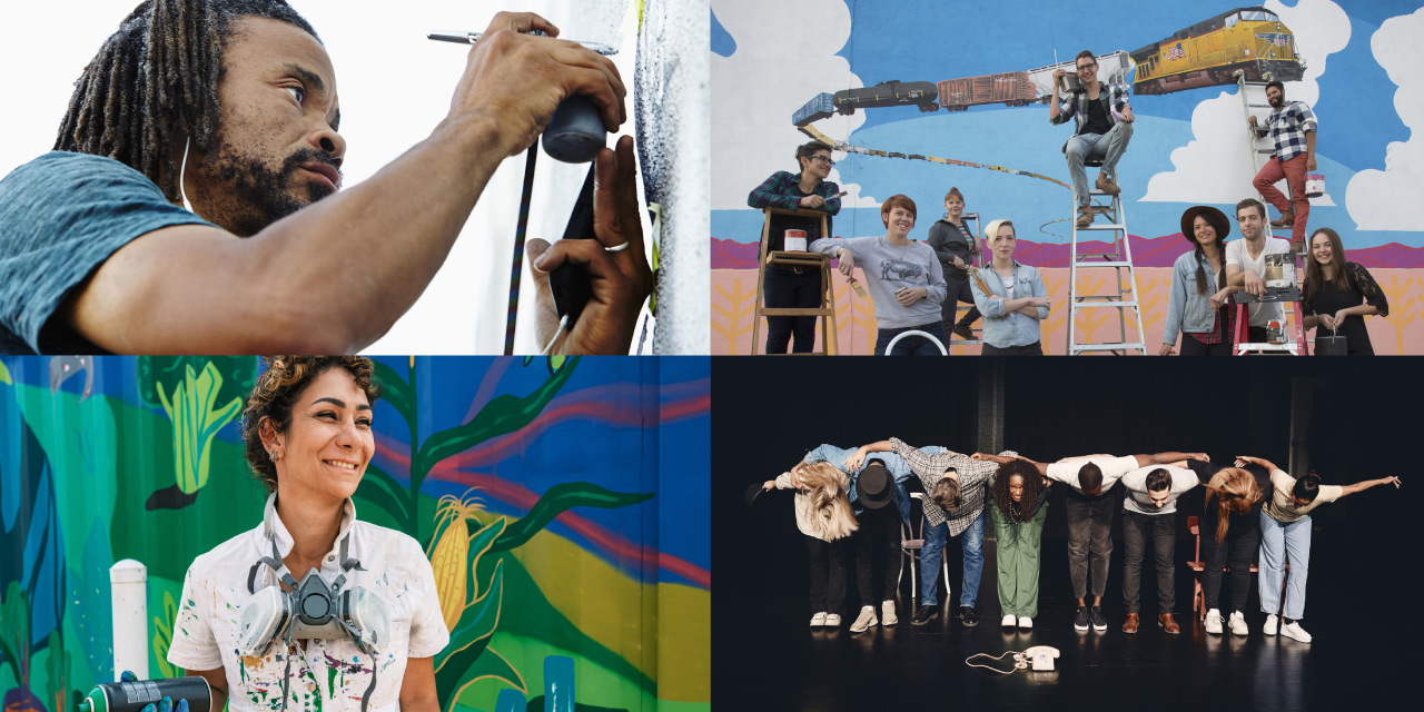 four images showing artists and performers in different settings