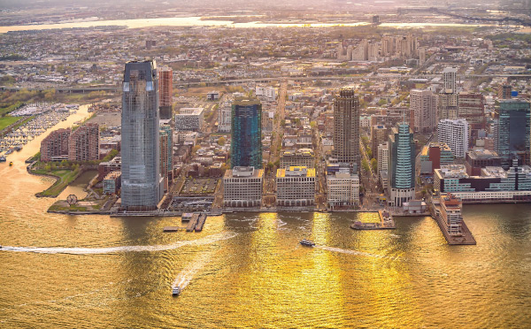 Jersey City, New Jersey, waterfront and skyline, as seen across the Hudson River from Manhattan