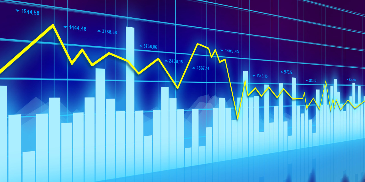 A bright blue column and yellow line graph on a darker blue background, reflecting downward. 