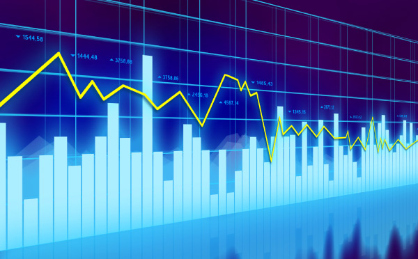 A bright blue column and yellow line graph on a darker blue background, reflecting downward. 