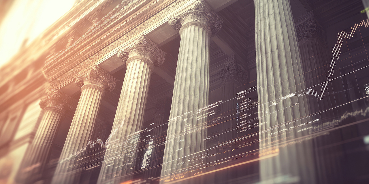 Exterior of bank with overlay of financial market data