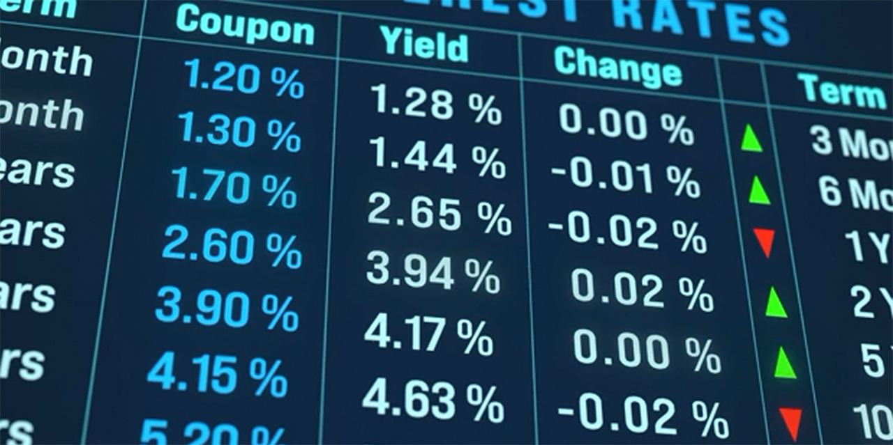 Image of a bond market yields, fixed-income securities, mortgage rates monitor