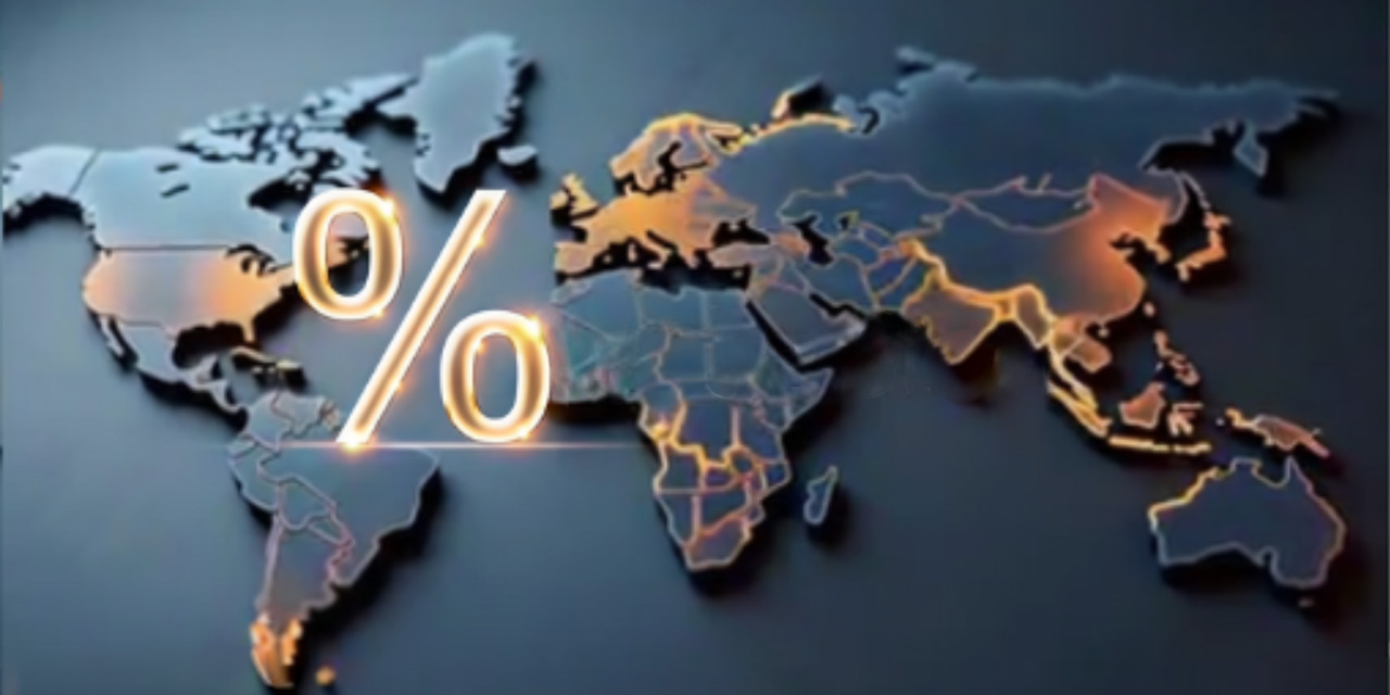 Photo: Illustration of a flat world map with a percent sign between north America content and Europe/Africa continents. Colored in dark blue and golds. Photo: Illustration of a flat world map with a percent sign between north America content and Europe/Africa continents. Colored in dark blue and golds.