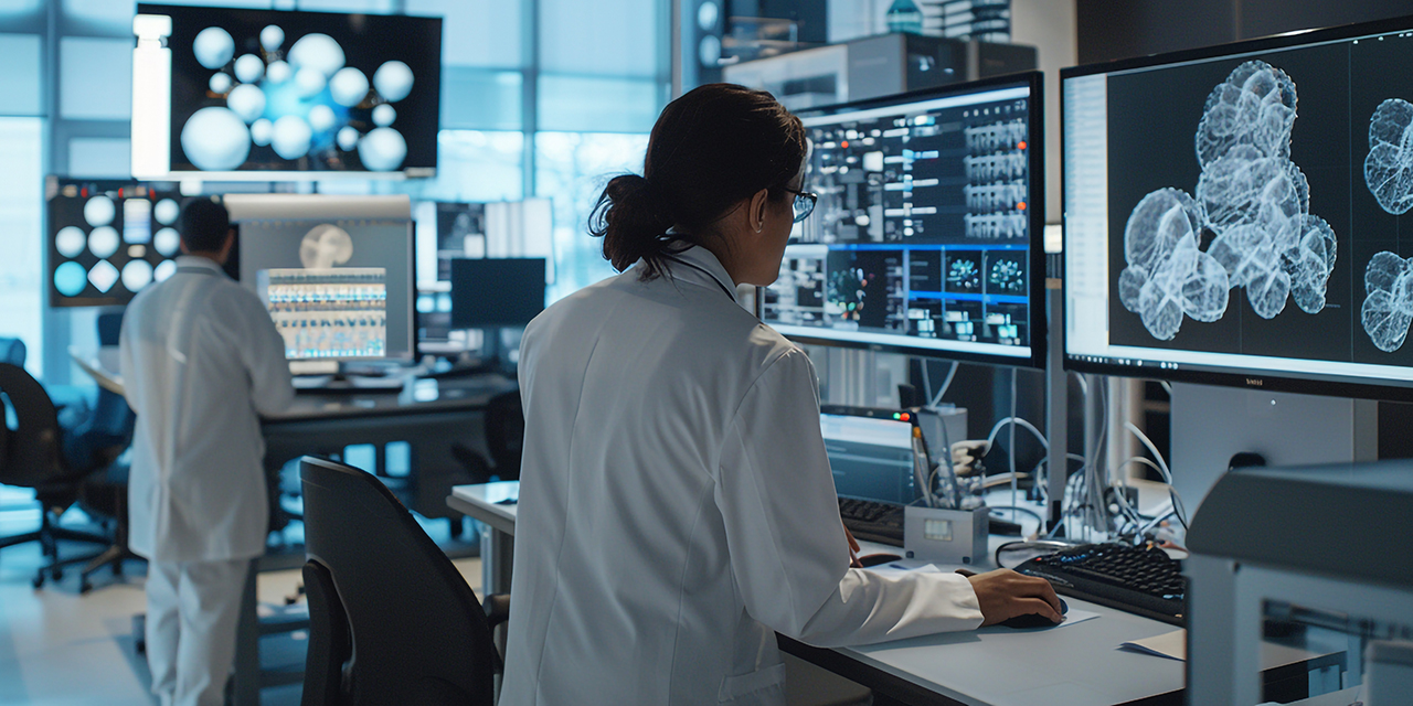 Researchers in a high tech lab setting working with multiple monitors displaying intricate data visualizations Researchers in a high tech lab setting working with multiple monitors displaying intricate data visualizations
