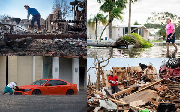 image collage of four scenes with people affected by fire, flooding, wind damage