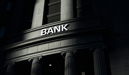 Photo: Imposing bank facade with columns bathed in dramatic light in black setting, conveying shadow banking. Ai generated image.