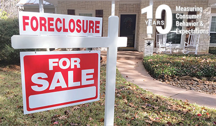 A lawn sign with words foreclosure and for sale