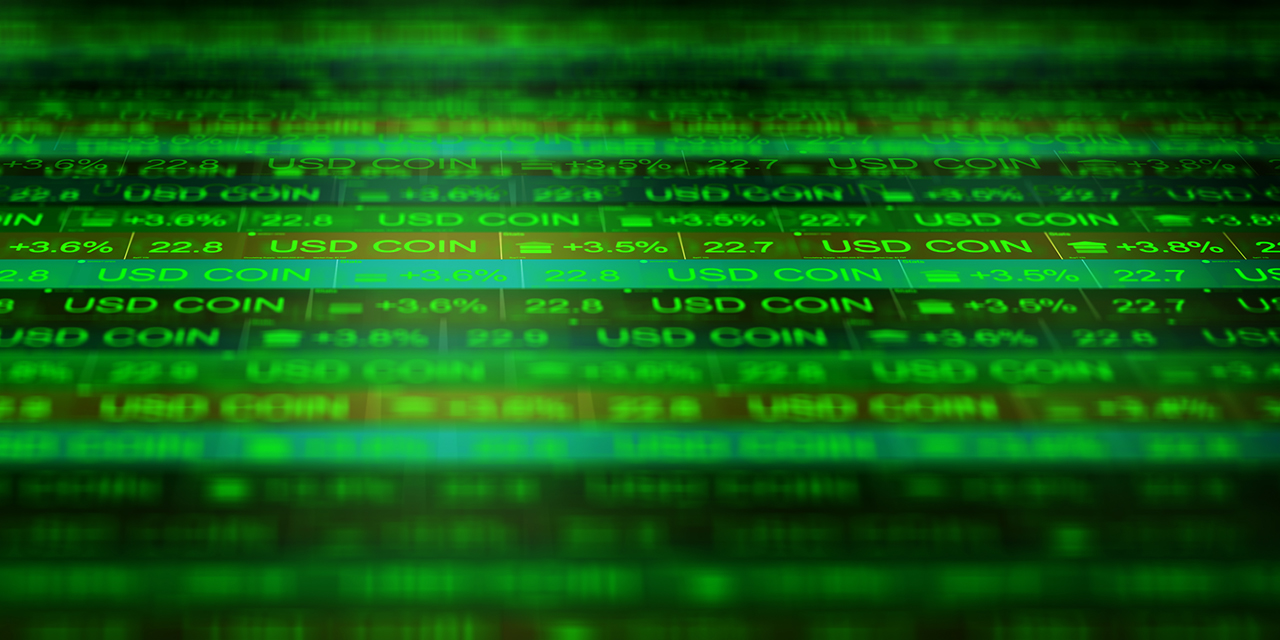 green-toned digital display showing rows of financial data for USD coin