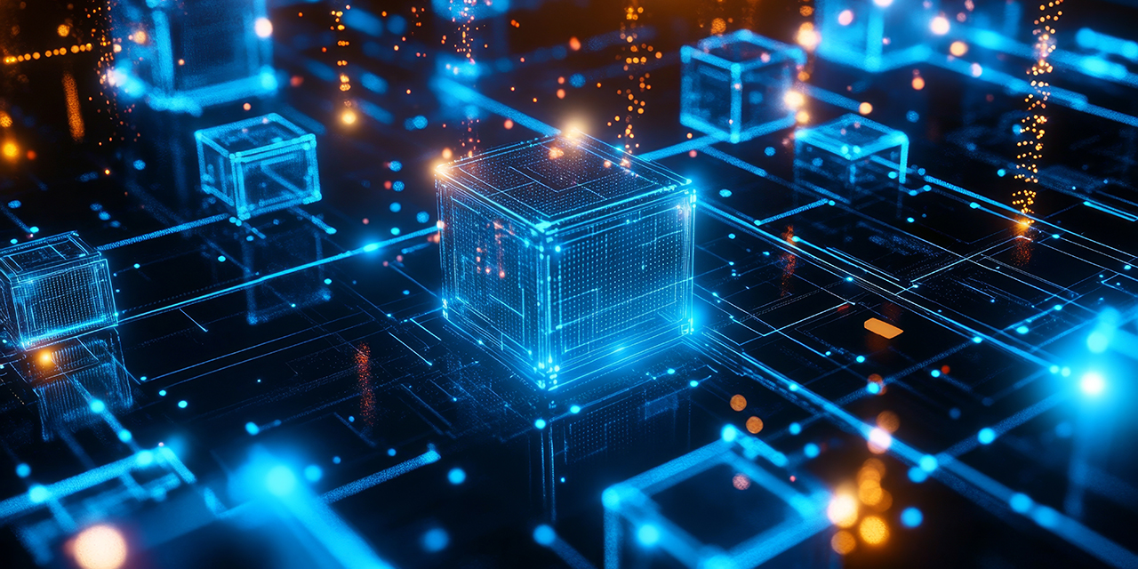 Abstract visuals of blockchain technology in business, featuring