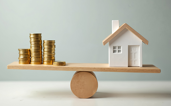 Photo: Conceptual photo shows balance between mortgage rates, house price. Miniature house, stacks of coins on seesaw real estate investment, financial stability, home ownership, loan, value. Economic