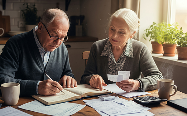 An elderly couple meticulously reviewing financial documents at home, focusing on budgeting and planning their retirement
