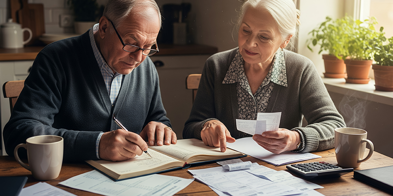 An elderly couple meticulously reviewing financial documents at home, focusing on budgeting and planning their retirement